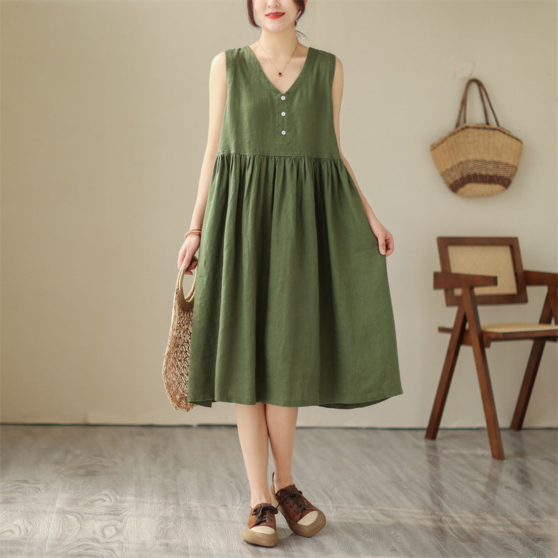 Luxe LSS Loose V-neck Solid Color New Japanese Cotton Summer Linen Sleeveless Dress For Women