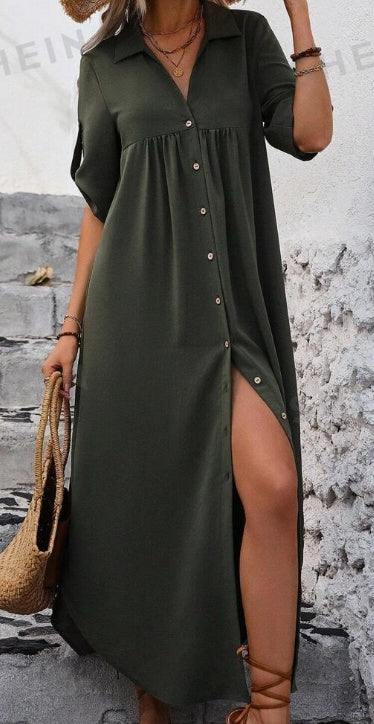 Luxe LSS Solid Color Roll-Up Sleeve Long Shirt Dress With Front Buttons, Holiday Leisure Style