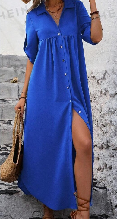 Luxe LSS Solid Color Roll-Up Sleeve Long Shirt Dress With Front Buttons, Holiday Leisure Style