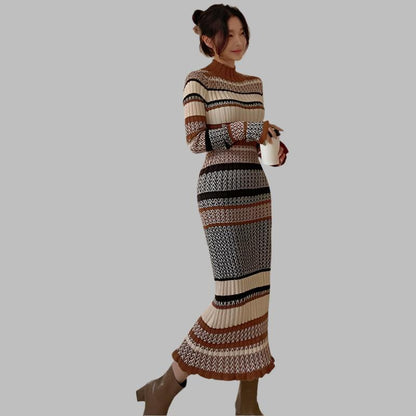 Luxe LSS Slim Fit Long Knitted Colorblock Sweater Base Dress