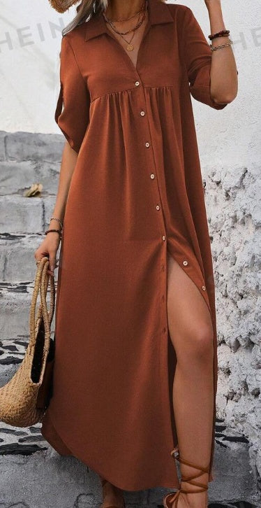 Luxe LSS Solid Color Roll-Up Sleeve Long Shirt Dress With Front Buttons, Holiday Leisure Style