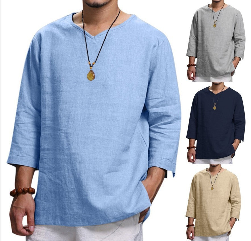 mCzO Loose V-neck Cotton Long Sleeve