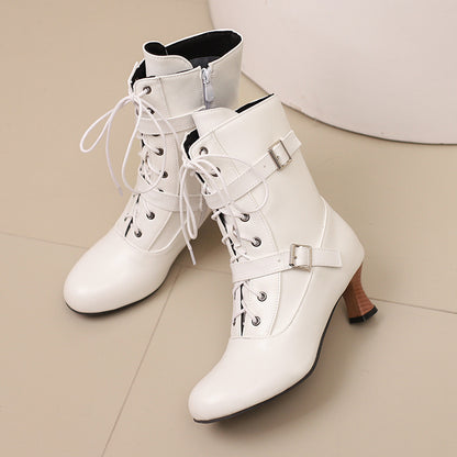 Luxe LSS Comfortable Mid Heel Burnt Flower 40-50 Plus Size All-match Lace-up Low Tube Women's Boots