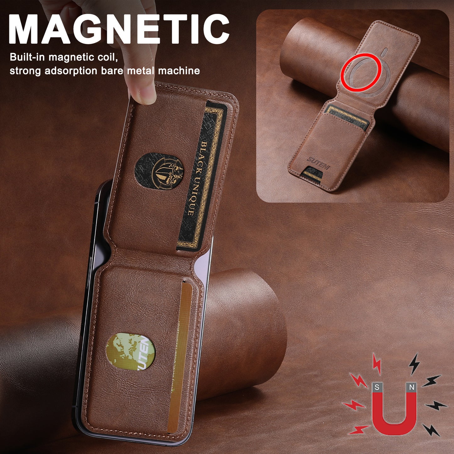 Universal Phone Magnetic Card Holder MagSafe Magnetic Ring PU Leather