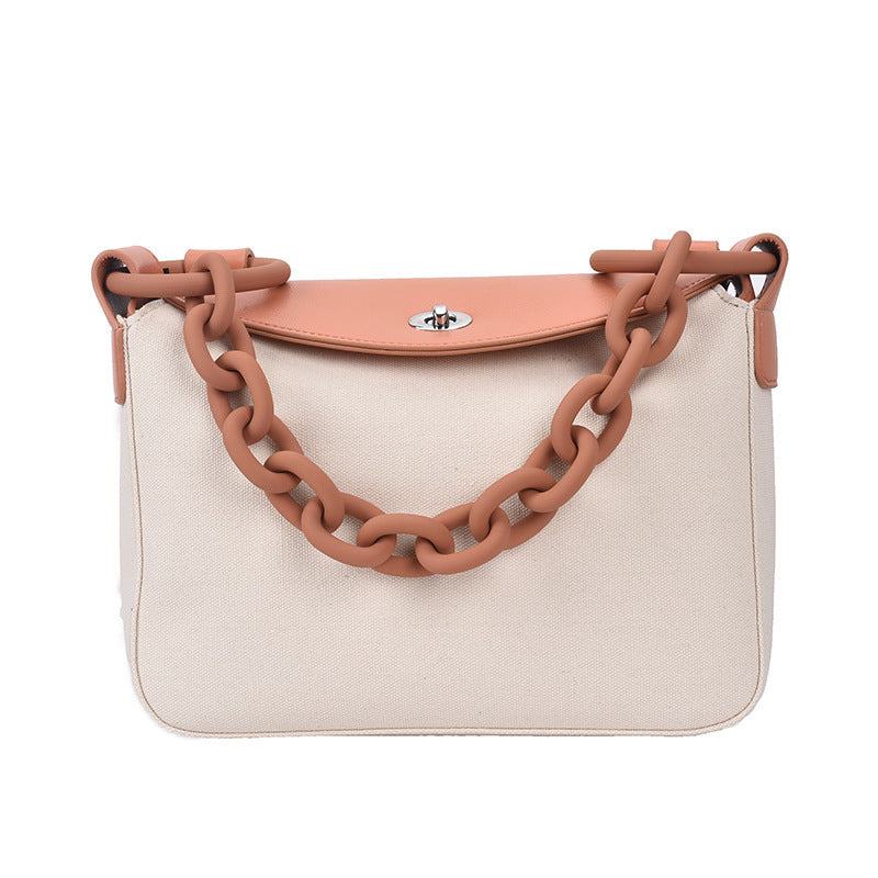 Luxe LSS Painted Thick Chain Portable Large-capacity Canvas Bag Hit Color PU Single Shoulder