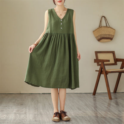 Luxe LSS Loose V-neck Solid Color New Japanese Cotton Summer Linen Sleeveless Dress For Women