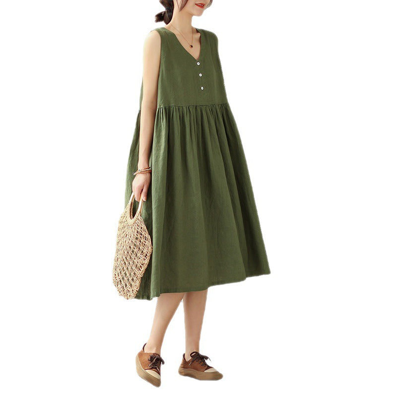 Luxe LSS Loose V-neck Solid Color New Japanese Cotton Summer Linen Sleeveless Dress For Women