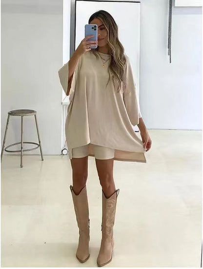 Luxe LSS Women's Clothing Fashion Solid Color Loose T-shirt Tight Shorts Women