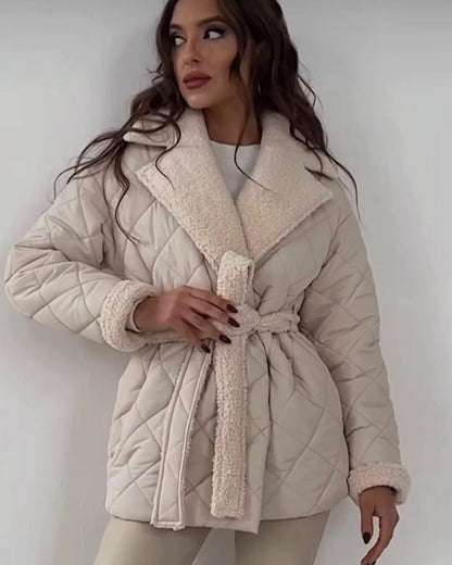 Luxe LSS Lapel Plaid Winter Waist-tied Design Outwear Coat For Women - Clothing