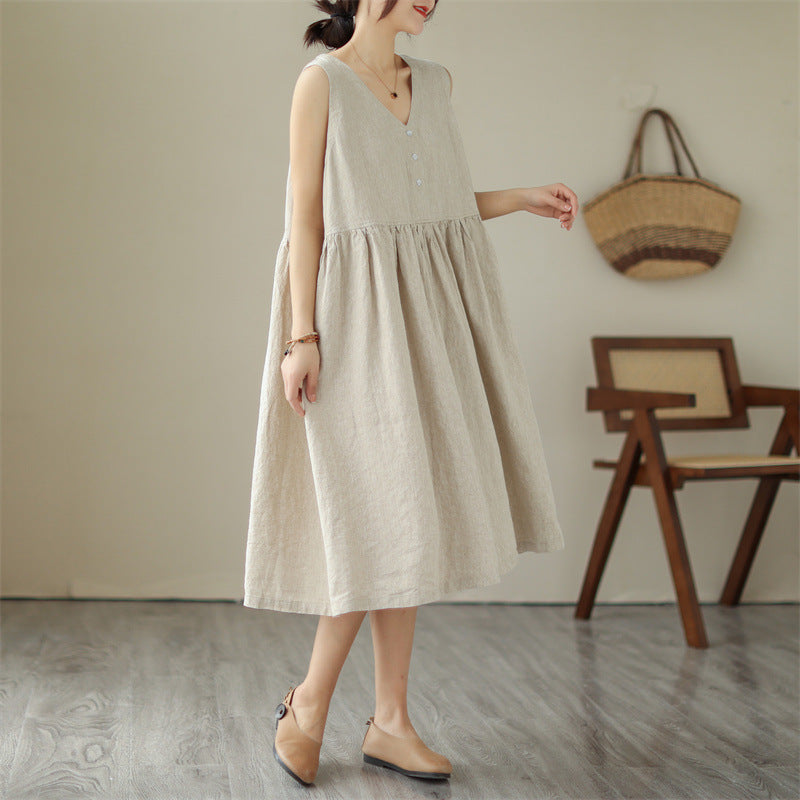 Luxe LSS Loose V-neck Solid Color New Japanese Cotton Summer Linen Sleeveless Dress For Women