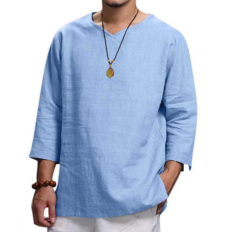 mCzO Loose V-neck Cotton Long Sleeve