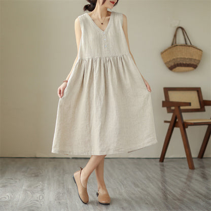 Luxe LSS Loose V-neck Solid Color New Japanese Cotton Summer Linen Sleeveless Dress For Women