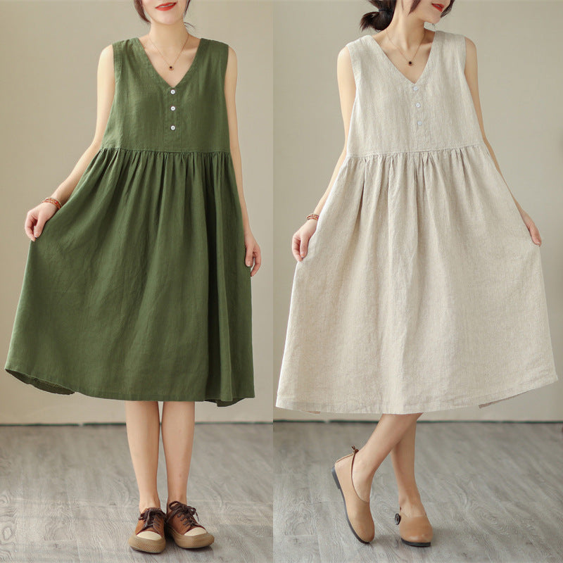 Luxe LSS Loose V-neck Solid Color New Japanese Cotton Summer Linen Sleeveless Dress For Women