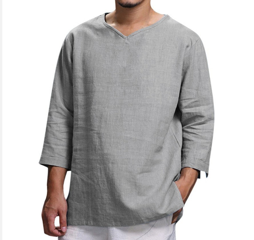 mCzO Loose V-neck Cotton Long Sleeve